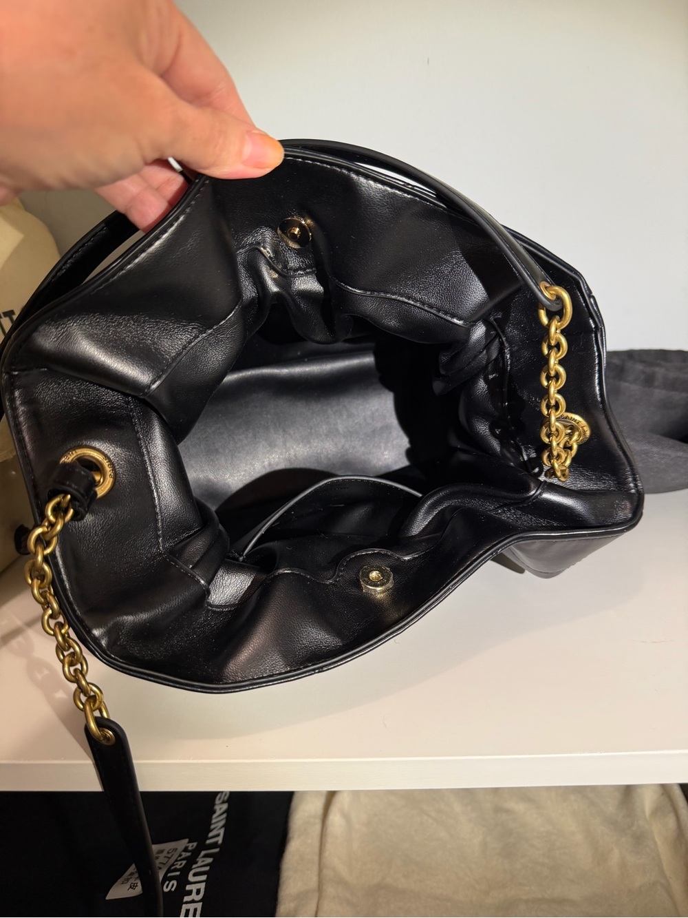Black Quilted Leather Drawstring Tote with Gold - Picture 5 of 6